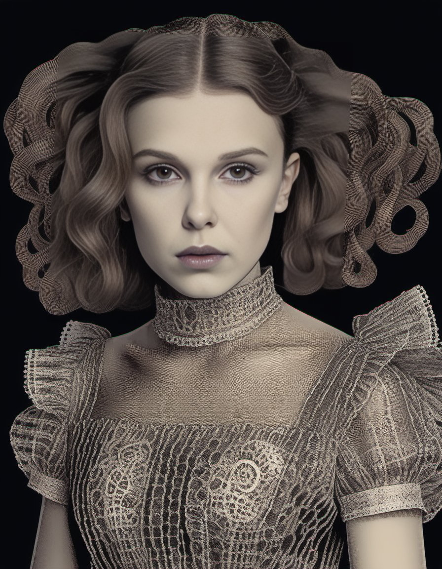 MillieBobbyBrown,<lora:MillieBobbyBrownSDXL:1>, portrait,close up of a Swiss (humanoid:1.2) , 1900'S, she is dressed in her Magewave fashion style Peplum top, Movement pose, her hair is Brown, at Nighttime, Realistic, Horror, Hackercore, Nostalgic lighting, crisp lines, highly detailed, art by Glen Orbik, Joana Vasconcelos