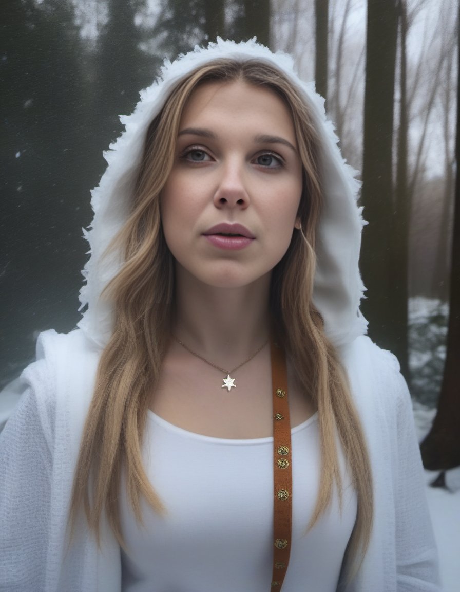 MillieBobbyBrown,<lora:MillieBobbyBrownSDXL:1> photograph, Compelling athletic Female cosplaying as Freyja, Snowing, Iphone X, Low shutter
