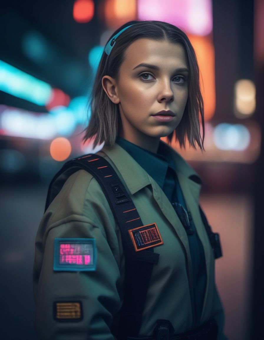 MillieBobbyBrown,<lora:MillieBobbyBrownSDXL:1> (8k, RAW photo, best quality, masterpiece:1.2), (realistic, photo-realistic:1.37), ultra highres, depth of field, chromatic aberration, caustics, Broad lighting, natural shading,Fujifilm XT3,ultra detailed,cyberpunk uniform,1girl, solo,standing, looking at viewer, outdoors,street