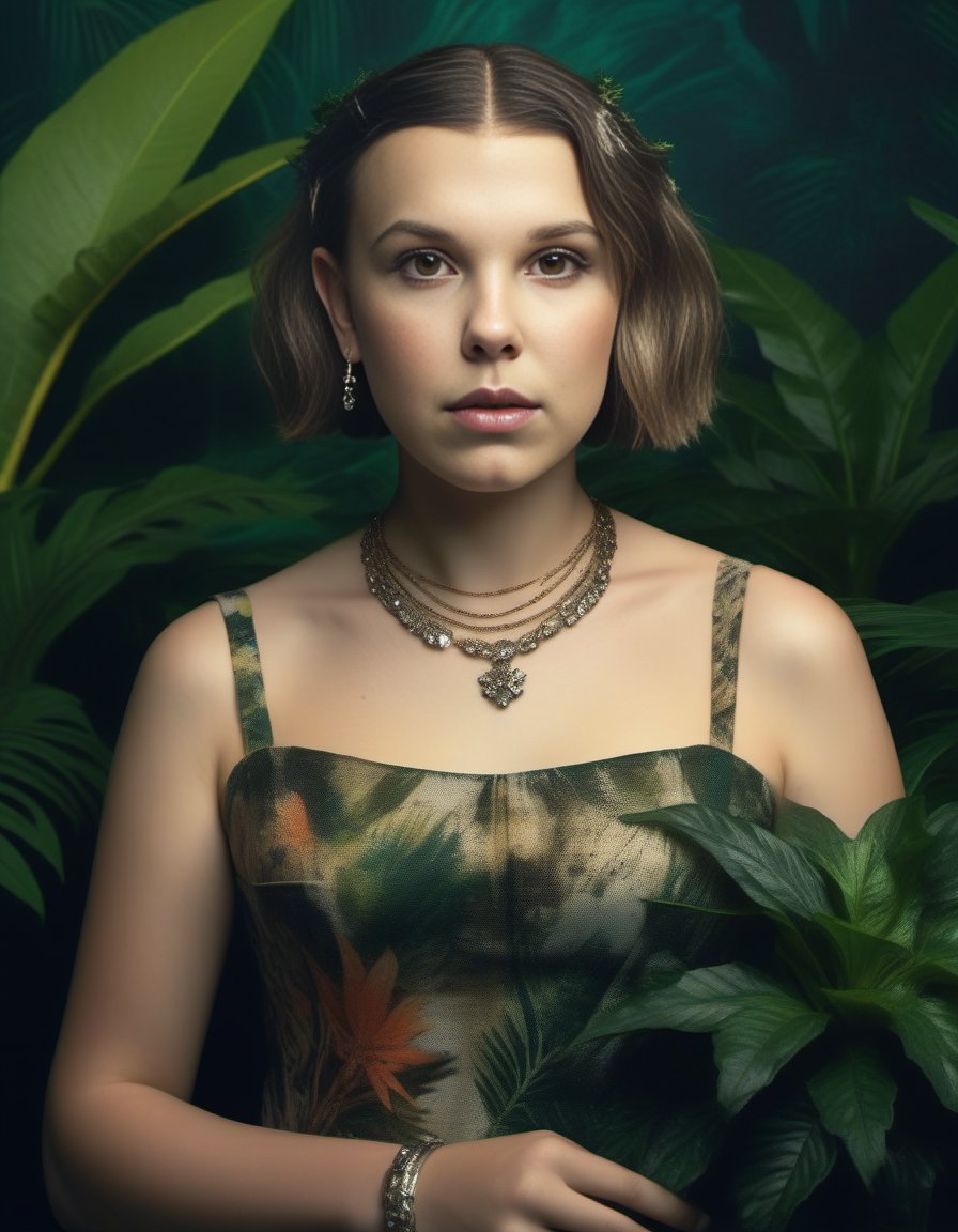 MillieBobbyBrown,<lora:MillieBobbyBrownSDXL:1>, portrait,close up of a Young Average plump (humanoid:1.3) , dressed in a very Formal dress, jewelry, jungle and Pots with plants background, dungeon, ultrafine detailed, Teslapunk, 800mm lens, CMYK Colors