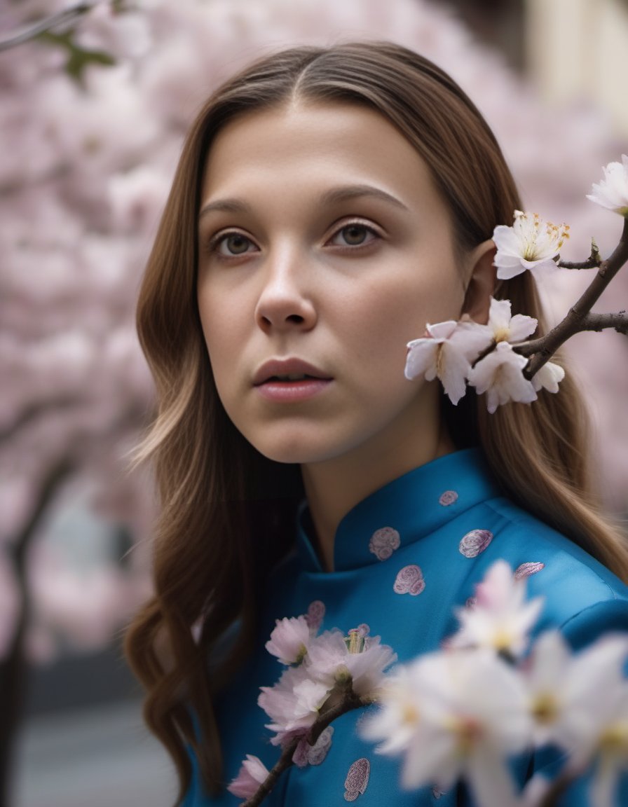 MillieBobbyBrown,<lora:MillieBobbyBrownSDXL:1>, portrait, blossoms,close up of a Unattractive (humanoid:1.3) , 🤩, Sharp nose, Action scene, she has a Ming Dynasty Mask made out of Satin, inside a city street, in focus, Fine art, Frightening, 35mm