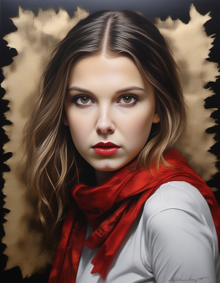 MillieBobbyBrown,<lora:MillieBobbyBrownSDXL:1>breathtaking portrait of a gorgeous girl, sultry, red scarf, dark gold and black, gossamer fabrics, jagged edges, eye-catching detail, insanely intricate, vibrant light and shadow , beauty, paintings on panel, textured background, captivating, stencil art, style of oil painting, modern ink, watercolor , brush strokes, negative white space