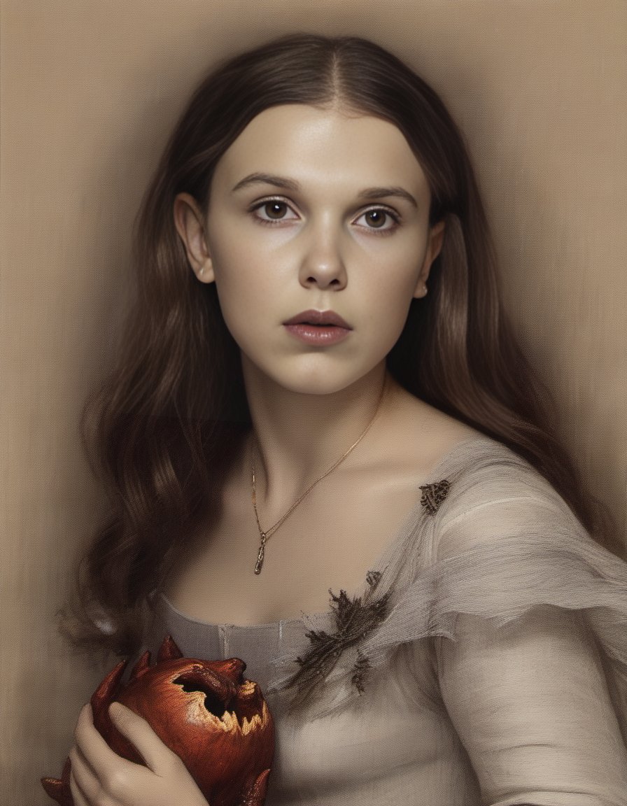 MillieBobbyBrown,<lora:MillieBobbyBrownSDXL:1>, [art by Henri Fantin-Latour| Benoît-Hermogaste Molin], portrait,close up of a Bewitching (humanoid:1.1) holding a Hearth, she is biting her lip, Wrinkles, Lustful, intricate detailed face