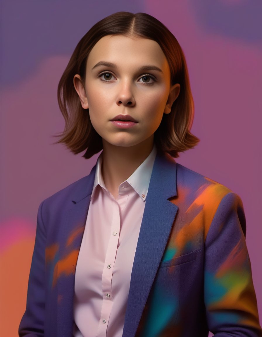 MillieBobbyBrown,<lora:MillieBobbyBrownSDXL:1>, [by Peter Wileman and Nelleke Pieters:2], portrait,close up of a protagonist (humanoid:1.1) , very Small and Misshapen, wearing Boyfriend blazer and leggings, Smoky Conditions, tilt shift, Fairy-Tale, Fauvism, highly detailed, extremely beautiful
