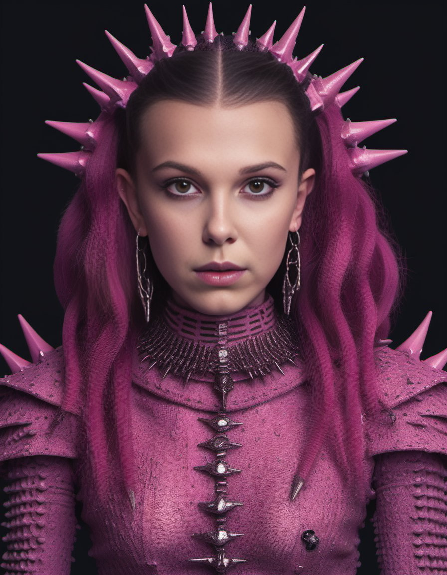 MillieBobbyBrown,<lora:MillieBobbyBrownSDXL:1>, portrait,close up of a (humanoid:1.2) , the Female is lowborn, wearing dark dark pink evil outfit made of spikes and scales, in dungeon, bones and skulls, deathpunk, sinister, she has Honey hairstyle, Very wide view, Detailed illustration