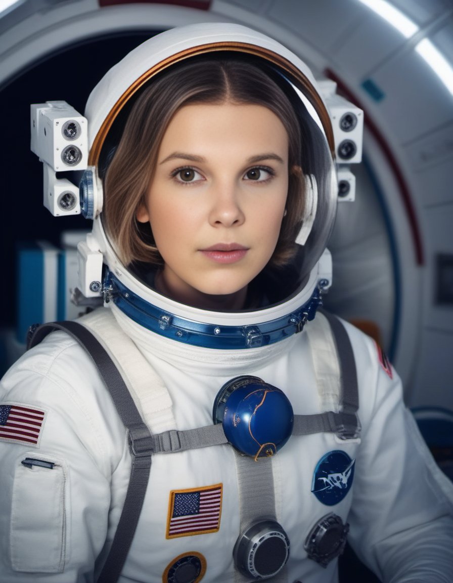 MillieBobbyBrown,<lora:MillieBobbyBrownSDXL:1>,photo,detailed background, stunning beauty, high quality photo, perfect composition, perfect details and textures, highly detailed, front view, looking at camera, perfect lighting, with an astronaut suit in the space station