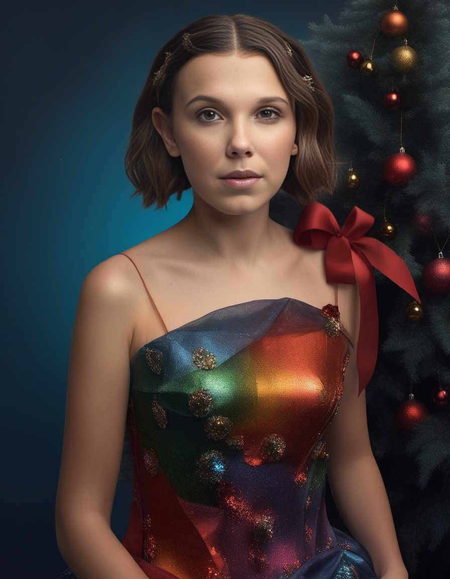 MillieBobbyBrown,<lora:MillieBobbyBrownSDXL:1>(masterpiece:1.1), (ultra hi res:1.2), (full body) picture of a woman, full of color christmas dress, high quality, highly detailed, (Sharpdetail:1.3), (PhotoGrain:1.5), photorealism, hyperrealism, realistic, real, natural color, cold tone <lora:SDXL1.0_Essenz-series-by-AI_Characters_Style_HighQualityHeavilyPostProcessedPhotography-v1.1-'Hal':1> <lora:add-detail-xl:1>