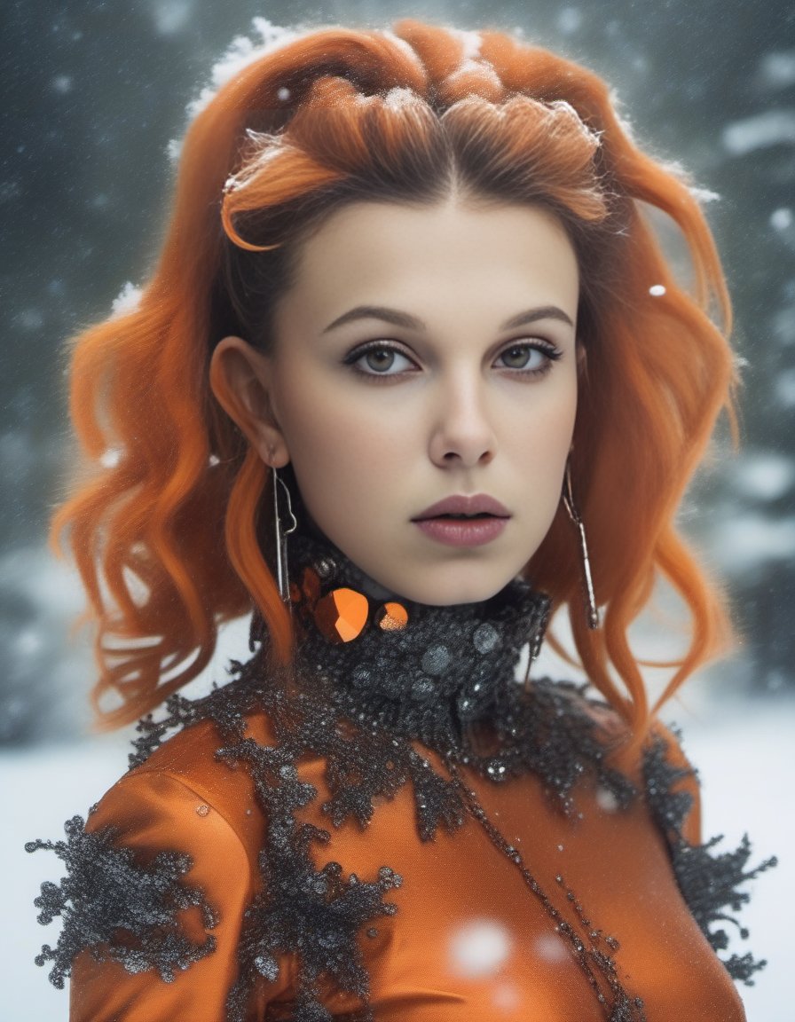 MillieBobbyBrown,<lora:MillieBobbyBrownSDXL:1>, art by Sardax, portrait,close up of a fit Gothic (humanoid of Logarithm:1.2) , Voluminous hairstyle, Wanderlust orange Mechanical Body Parts and Bling, vegetation, Snowing, Bokeh, 80mm, photolab