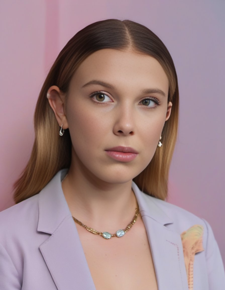 MillieBobbyBrown,<lora:MillieBobbyBrownSDXL:1>, portrait,close up of a thicc humanoid, from the Age of Discovery, elegant, 35mm, Pastel Colors