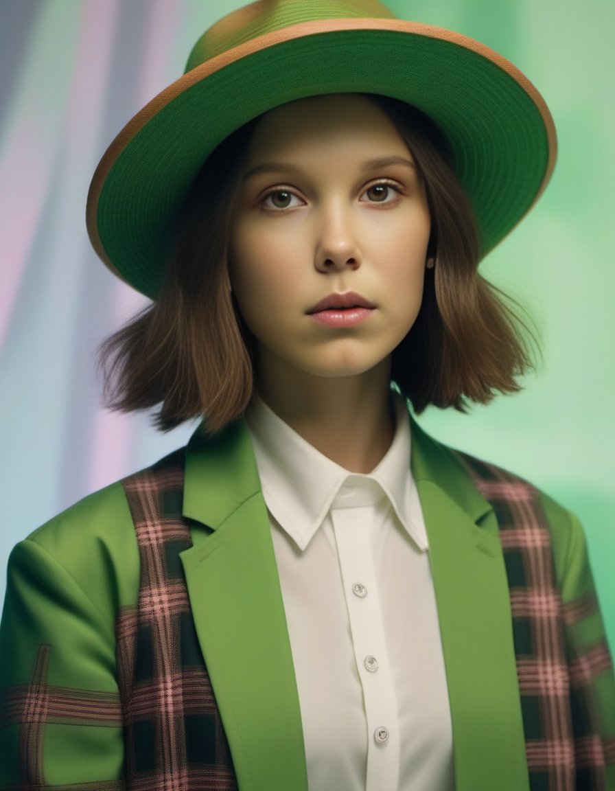 MillieBobbyBrown,<lora:MillieBobbyBrownSDXL:1>, portrait, Rule of Thirds,close up of a broad-shouldered Neo-Tokyo (humanoid:1.1) , Graceful, wearing green Panama hat with Plaid print, Business Angelic Halo, (stylized by Frederic Edwin Church:1.0) , Satisfying, Nihilcore, F/8, 64K