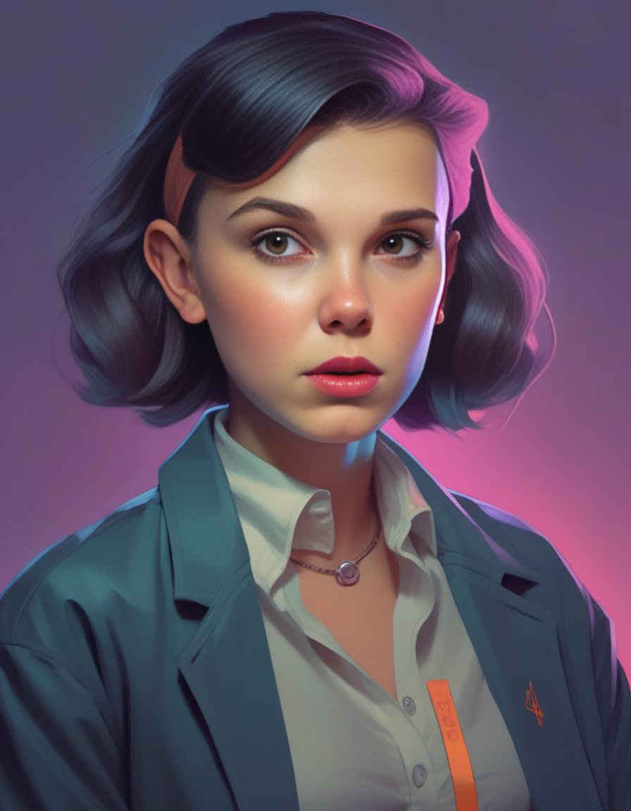 MillieBobbyBrown,<lora:MillieBobbyBrownSDXL:1>, stylized by loish, ross tran, artgerm, james jean and charlie bowater, portrait, award winning,close up of a 1950S Suburbia Gamer Investigator (humanoid:1.1) , Infected Choker, Gamercore, Zoom lens, behance HD, perfect skin