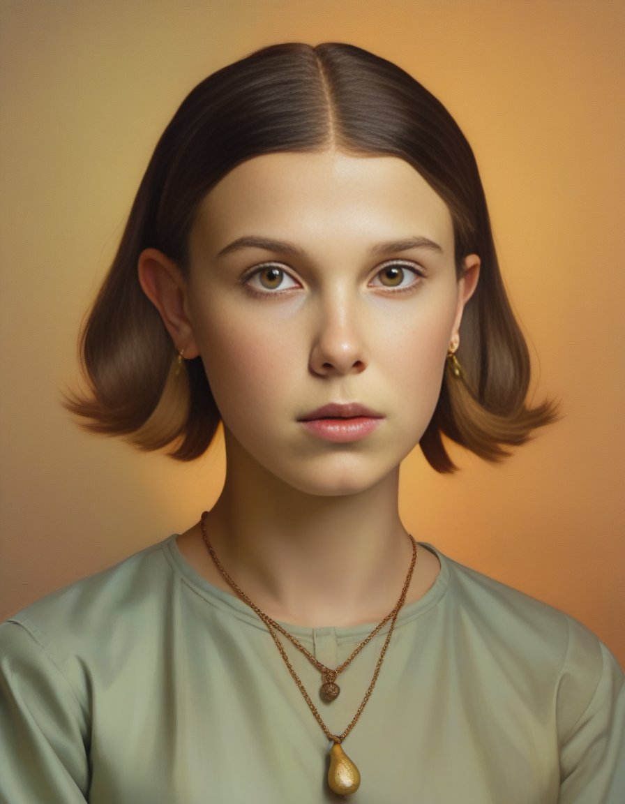 MillieBobbyBrown,<lora:MillieBobbyBrownSDXL:1>, [by Jocelyn Hobbie| Walter Langley], portrait, surreal,close up of a pear-shaped figure (humanoid:1.2) Guru, humanoid is Absurd, she has Arcadian hair styled as Straight, she has a Lush Anklet, warm background, Simple illustration, Fearful, broad lighting, otherworldly, beautiful Chestnut eyes