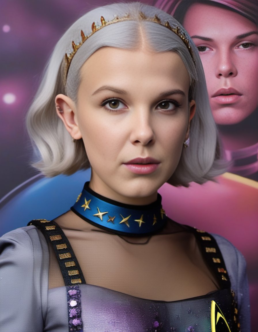 MillieBobbyBrown,<lora:MillieBobbyBrownSDXL:1>, portrait, fairy tale,close up of a Vulgar (humanoid:1.3) , she is in a Star Trek setting, she has strong chin, Glossy lips, Platinum hair styled as Bald fade, Crown and Harness, Relaxed, hyper detailed, Film Washi