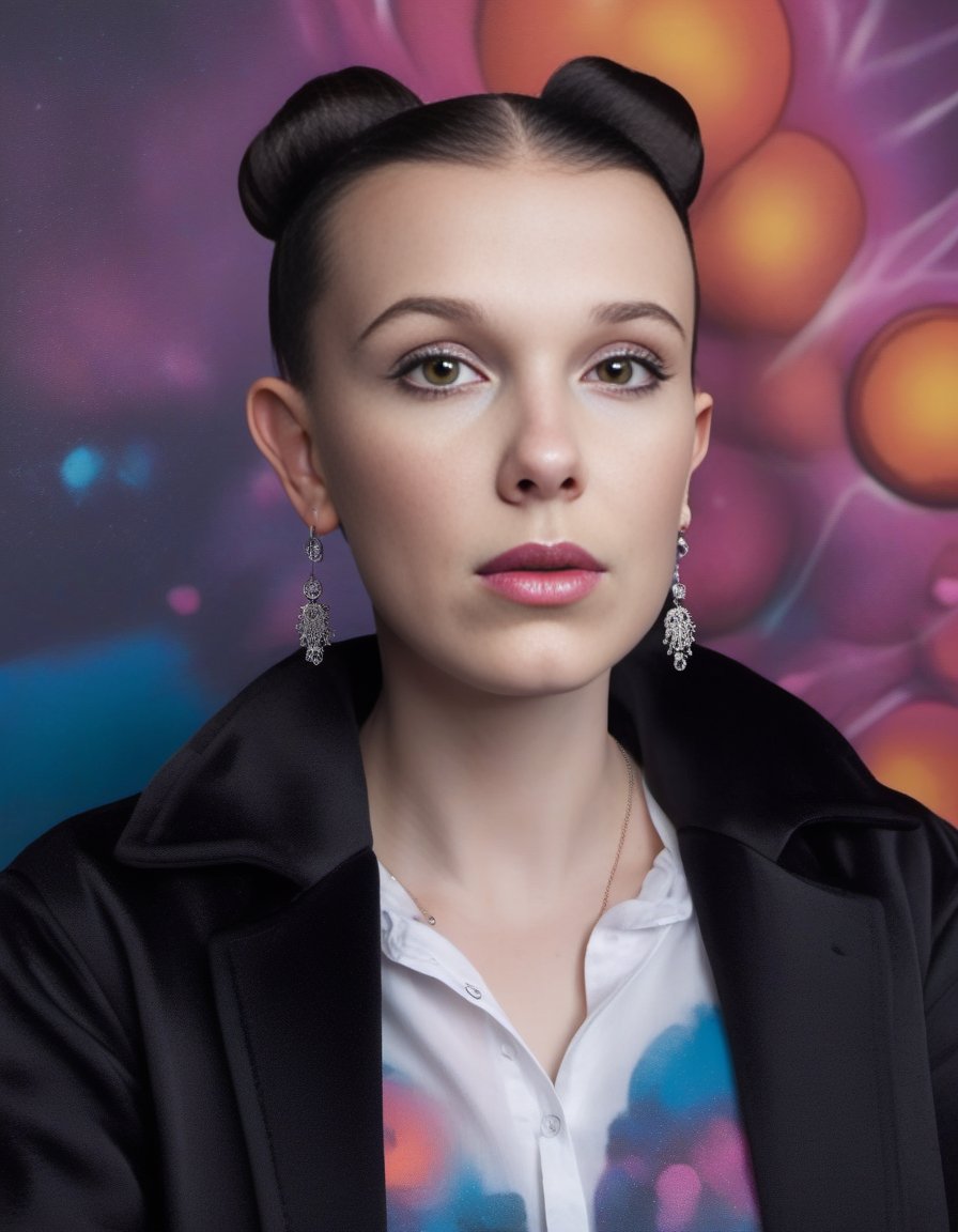 MillieBobbyBrown,<lora:MillieBobbyBrownSDXL:1>, portrait, stylized,close up of a Authentic Victorian (humanoid:1.2) , she is Podcasting, mouth of Fortitude, in Exquisite Track pants, Relaxing Atomic Age Earring, Snowing, in focus, (designed by Classic Disney:1.2) , Magical Realism, Hypersaturated, dark black paint splotches