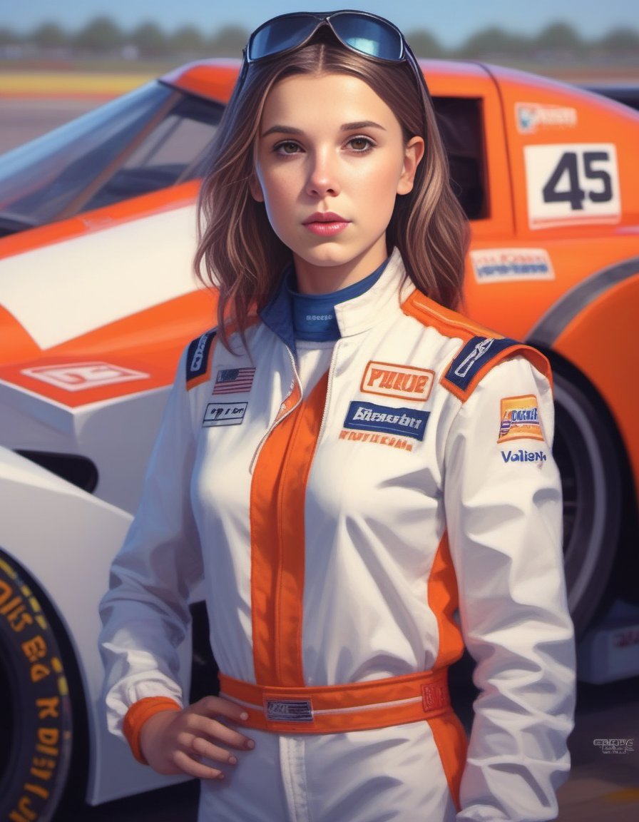 MillieBobbyBrown,<lora:MillieBobbyBrownSDXL:1> perfect anime illustration, 1girl, braided hair, medium hair, medium breasts, sidehair, racecar driver, ((firesuit, race track, car)), nascar, f1, indycar, (outdoors, speedway, track), standing next to a racing vehicle, hand on hip, good posture, looking at viewer. created by Artgerm, volumetric lighting, 8k, hdr, holga, 300mm lens f3. 5, aesthetic, unsharpened