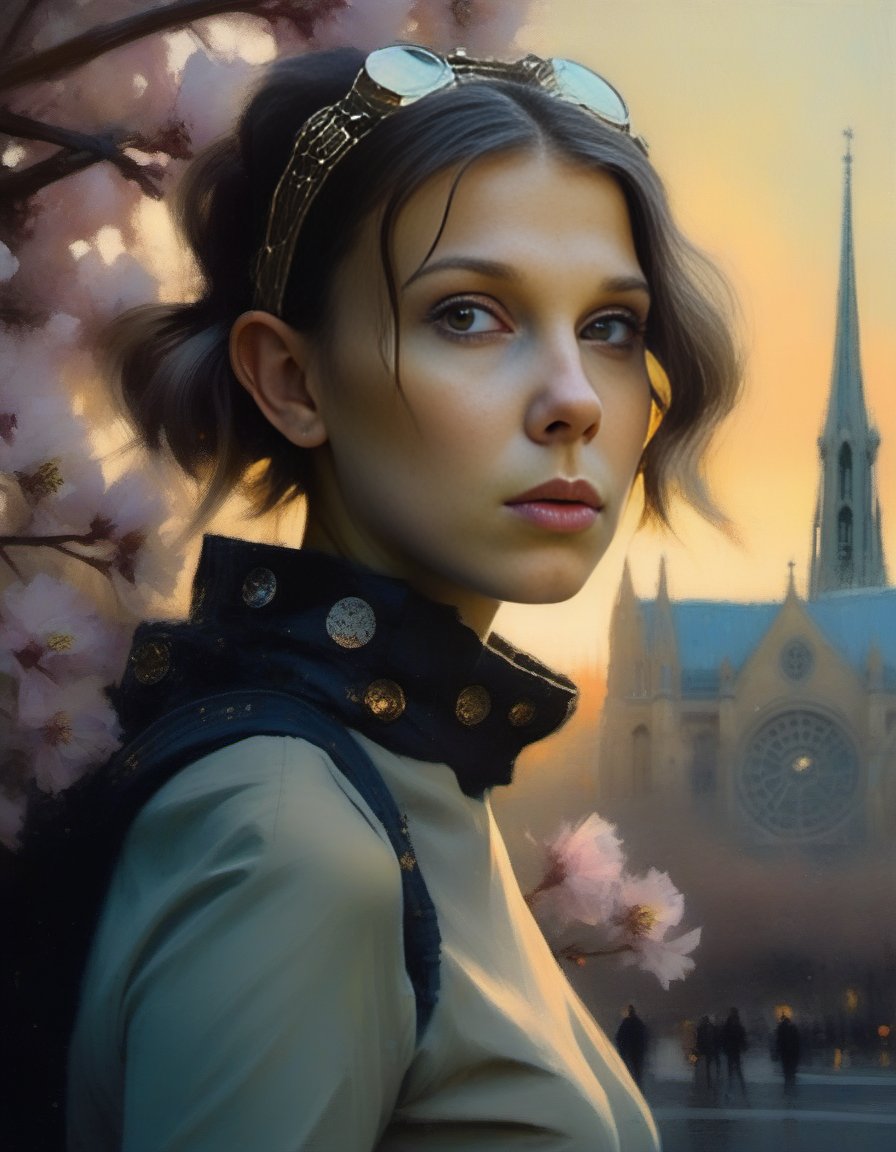 MillieBobbyBrown,<lora:MillieBobbyBrownSDXL:1>, by Jeremy Mann, portrait,close up of a lanky Space Alien (humanoid:1.2) , she is 1960'S, Steampunk Notre-Dame Cathedral in background, blossoms and Globular cluster in background, at Sunset, Folk Art, Ethereal Lighting