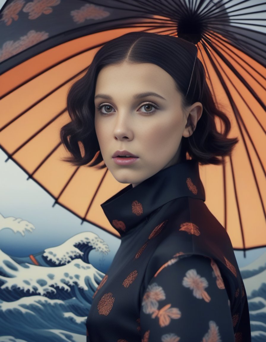 MillieBobbyBrown,<lora:MillieBobbyBrownSDXL:1>, stylized by Yasutomo Oka, portrait, flawless,close up of a Conversational (humanoid:1.1) , Black hairstyle, Artistic traditional Corsican Umbrella, Robotic Arms, Smoky Conditions, Wide view, Conceptual Art, dynamic composition, in the style of the great wave, 8K