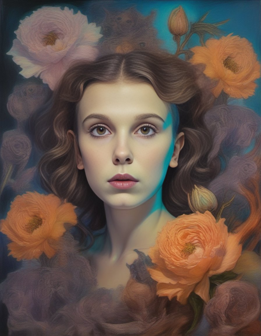 MillieBobbyBrown,<lora:MillieBobbyBrownSDXL:1>, portrait,close up of a (humanoid of Death:1.1) , Heavenly and Tiny, Improvisational comedy, eyes of magnificent, blossoms in background, Smoky Conditions, Panorama, stylized by Ernst Fuchs, Pieter Aertsen, Electic Colors, realistic pretty face