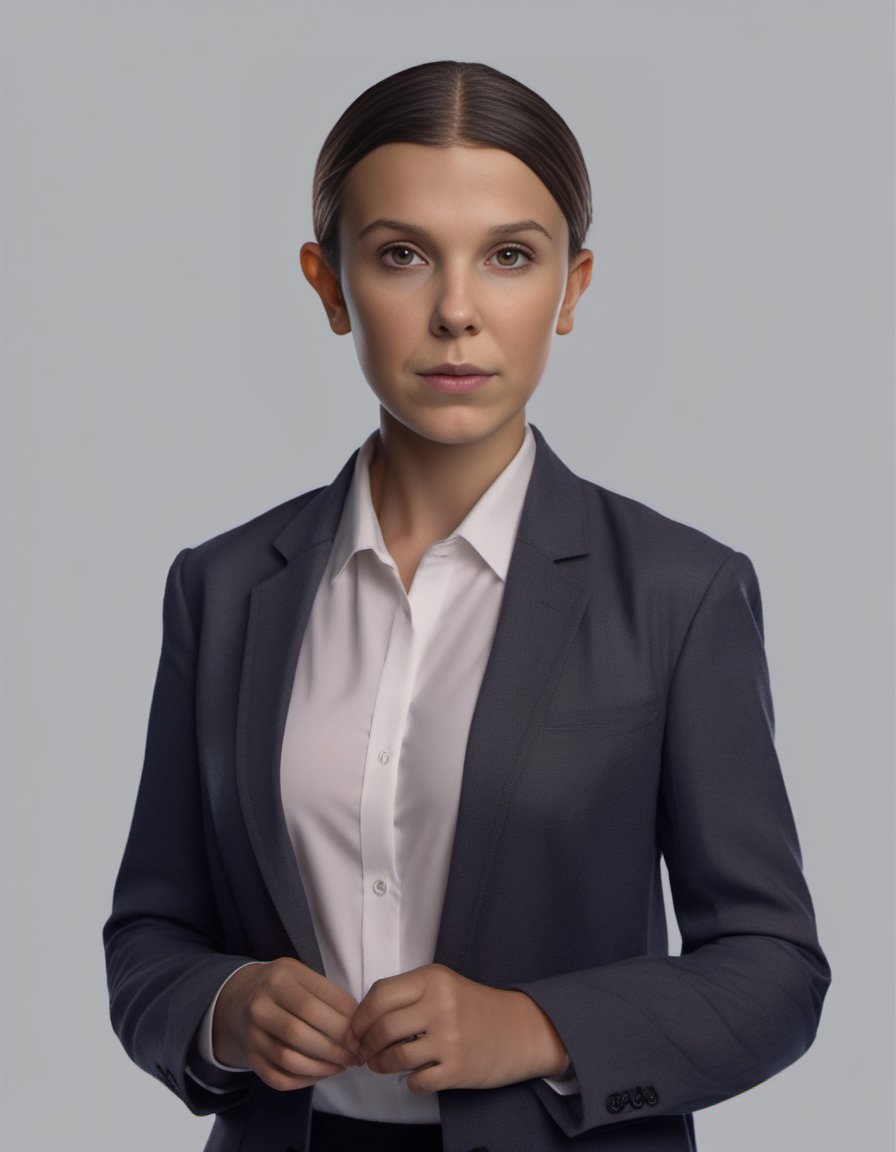MillieBobbyBrown,<lora:MillieBobbyBrownSDXL:1>High Quality, Intricately Detailed, Hyper-Realistic woman Lawyer Portrait Photography, Volumetric Lighting, Full Character, 4k, In Workwear