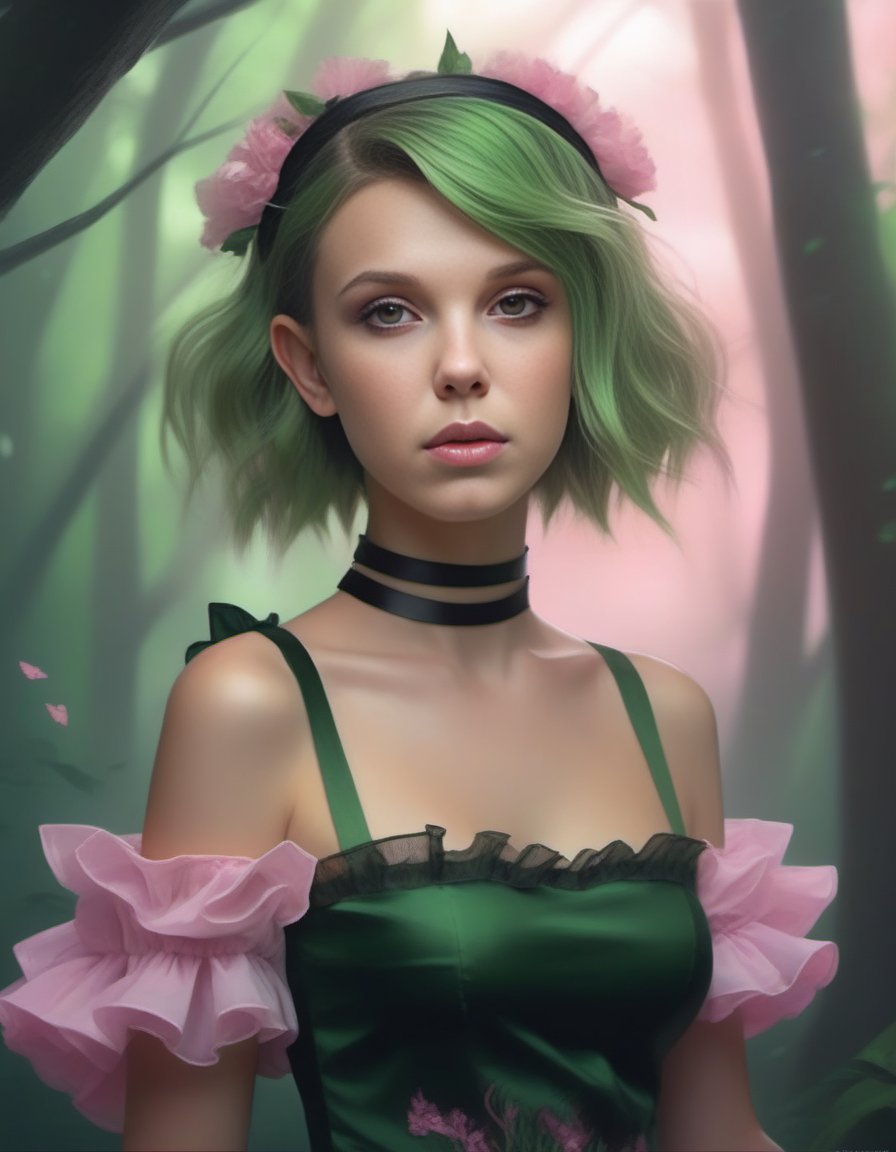 MillieBobbyBrown,<lora:MillieBobbyBrownSDXL:1>Anime portrait by WLOP and Artgerm, trending on artstation, (masterpiece, best quality), 1girl, pixie, in a fantasy forest, green Short Wavy Hair with, Size DD breasts, pink Corset top and Ruffled mini skirt kneehighs,