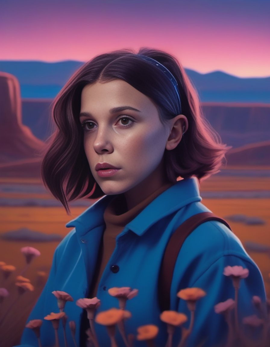 MillieBobbyBrown,<lora:MillieBobbyBrownSDXL:1>, stylized by Loish, portrait, desolate flower field,close up of a Classic small Peasant (humanoid:1.3) , Pictorial The Canyonlands in background, at Blue hour, deep focus, Ultrarealistic, Cyberpunk Art, 50mm, matte skin