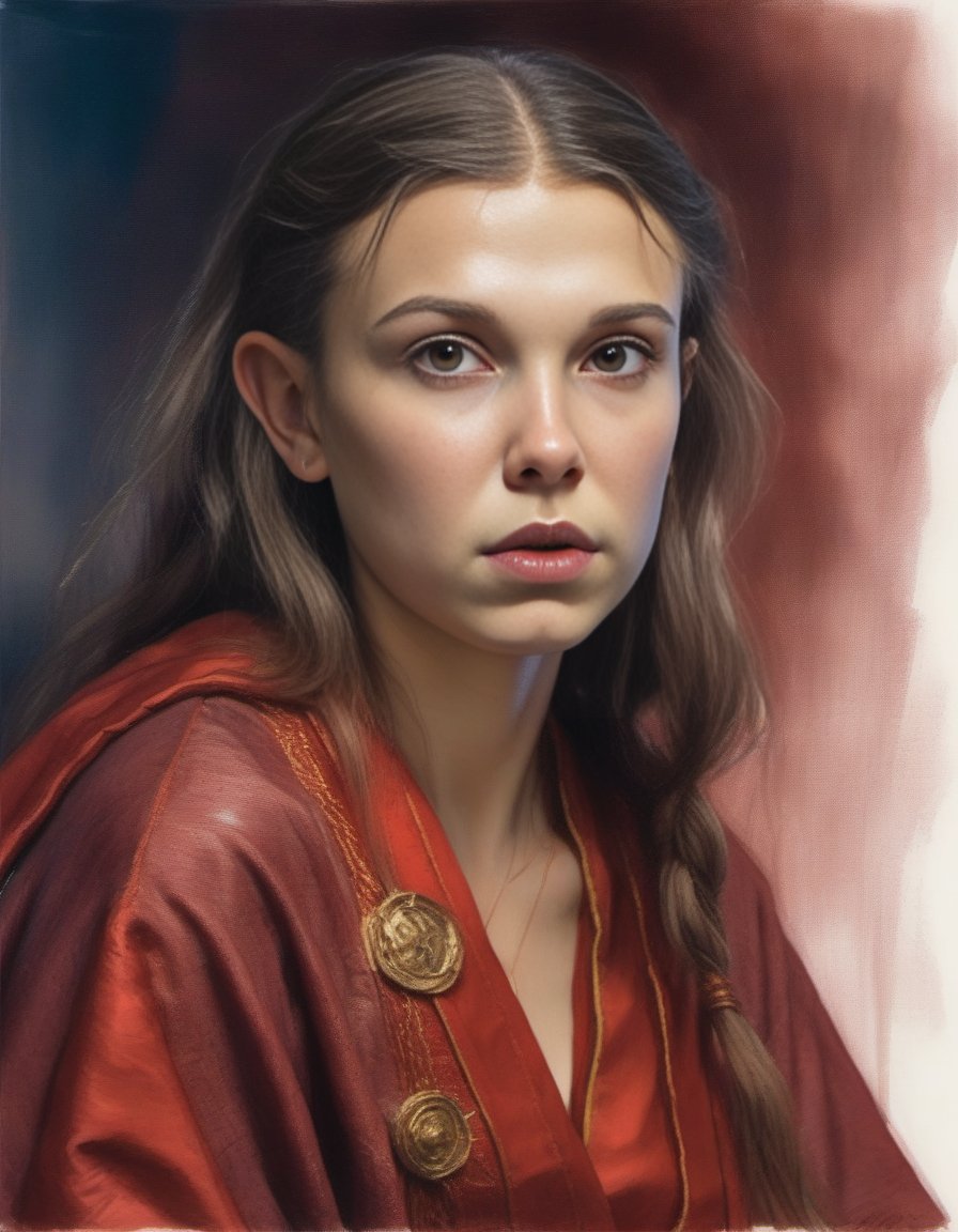 MillieBobbyBrown,<lora:MillieBobbyBrownSDXL:1>, (designed by Clint Cearley:1.2) and Reginald Marsh, portrait,close up of a stocky Elvish (humanoid:1.1) , she is Exhausted and Award-Winning, wearing Goddess robe, Vietnamese deep red Fitbit, fairy tale, Cold Lighting