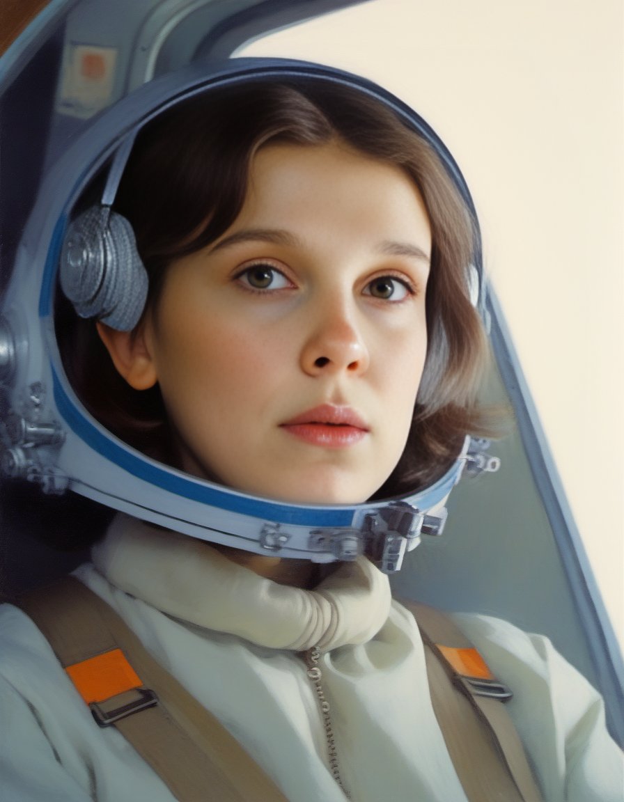 MillieBobbyBrown,<lora:MillieBobbyBrownSDXL:1>, by Stuart Immonen, Euan Uglow and Ray Eames, portrait,close up of a (humanoid:1.3) , she is Fantasy, she is driving a X-Wing, feeling melancholy, film camera, Depth of field 100mm,"In the symphony of forgiveness, wounds heal, bridging divides and opening hearts to new beginnings.", Concept Art World