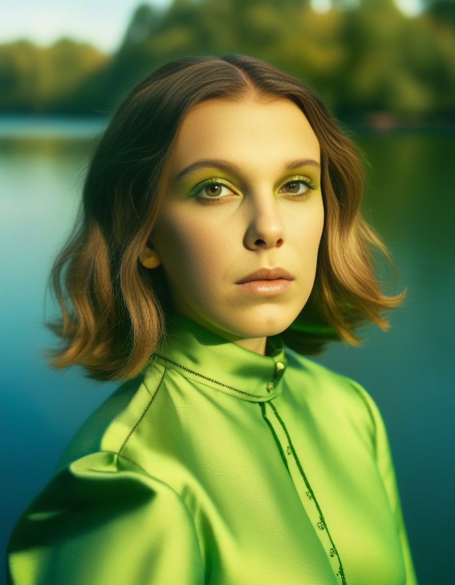 MillieBobbyBrown,<lora:MillieBobbyBrownSDXL:1>, portrait,close up of a Elegant Groovy stocky (humanoid:1.2) , she is looking very evil, Green lake, Sun in the sky, Agfacolor, extremely hyper aesthetic