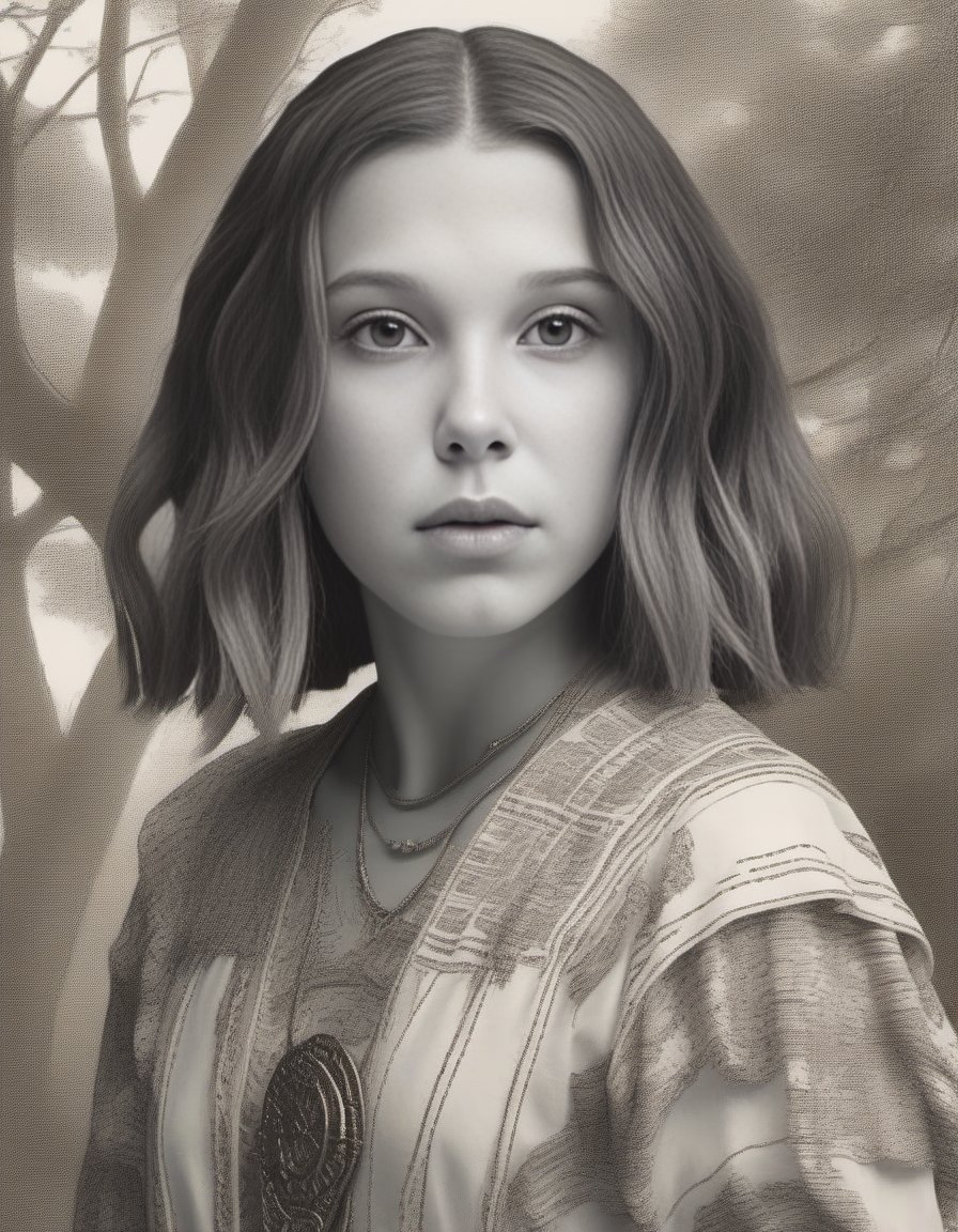 MillieBobbyBrown,<lora:MillieBobbyBrownSDXL:1>, portrait,close up of a Pure tiny Mayan (humanoid:1.2) , 🤮, Celestial, Meiji Era hair styled as Long bob, autumn woods, Spring, Detailed illustration, Desaturated, highly detailed, 64K