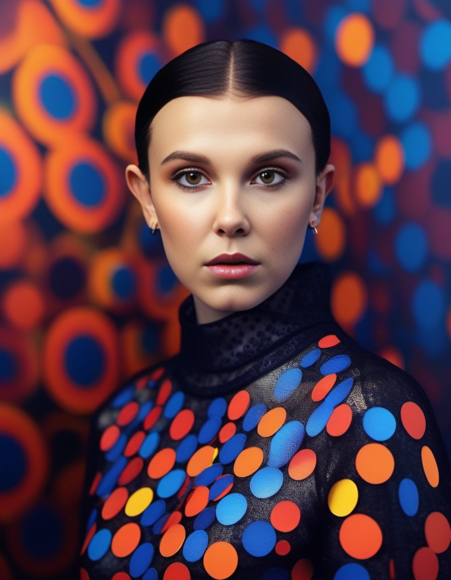 MillieBobbyBrown,<lora:MillieBobbyBrownSDXL:1>, cinematic photo (full-body:1.85) A futuristic portrait of a beautiful young woman on a simple paper studio background with a strong colourful intricate circular geometrical pattern, geometrical makeup, (highly detailed skin texture:1.6), pores, high contrast . 35mm photograph, film, bokeh, professional, 4k, highly detailed