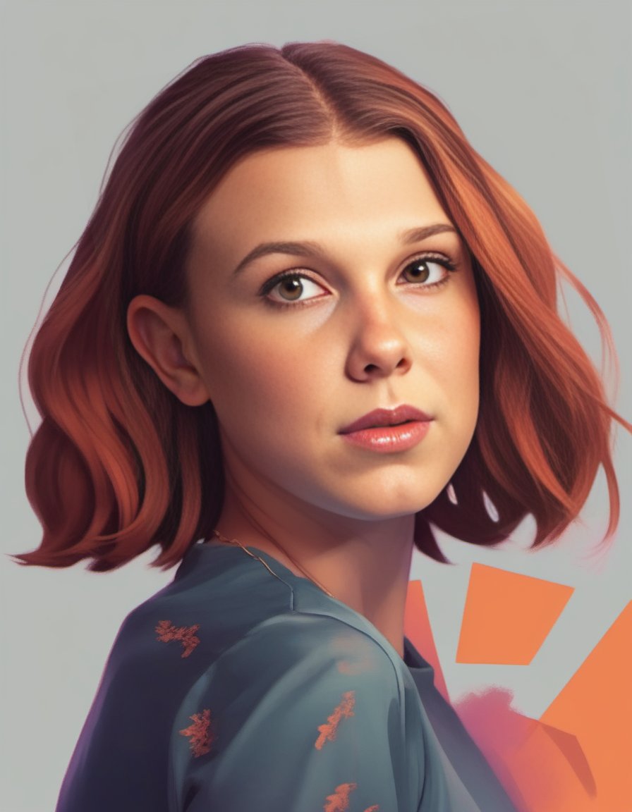 MillieBobbyBrown,<lora:MillieBobbyBrownSDXL:1>, portrait,close up of a Artistic humanoid, smirking, Stretching pose, she has Auburn hairstyle, Detailed illustration, Happy, behance, HDR, stylized by Alena Aenami