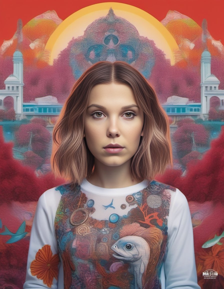 MillieBobbyBrown,<lora:MillieBobbyBrownSDXL:1>, (stylized by Tristan Eaton:0.9) , portrait, Tinkercore,close up of a Divine traditional Byzantine (humanoid:1.3) Landscaping, Facing forward, her hair is traditional Swiss, Aquarium tunnel in background, Crimson street and Gravity well in background, horizon-centered, Lustful