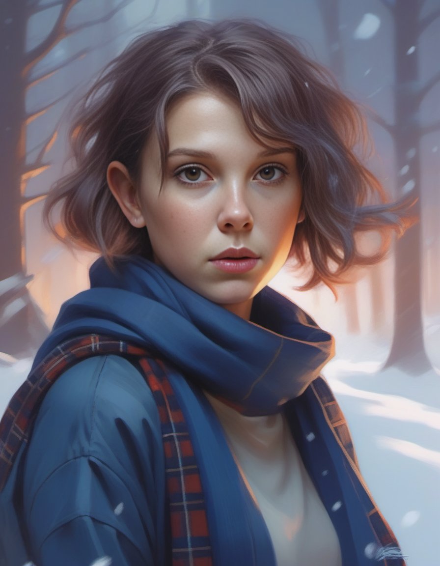 MillieBobbyBrown,<lora:MillieBobbyBrownSDXL:1>, stylized by makoto shinkai, artgerm, wlop, rossdraws, james jean, andrei riabovitchev, marc simonetti and krenz cushart, portrait,close up of a (humanoid:1.3) , Aggressive, Page, Gloomy Beige and Navy Tartan Scarf, Sacred Mechanical Arms, jungle, Snowing, Depressing, Cloisonnism, Light and shadow plays