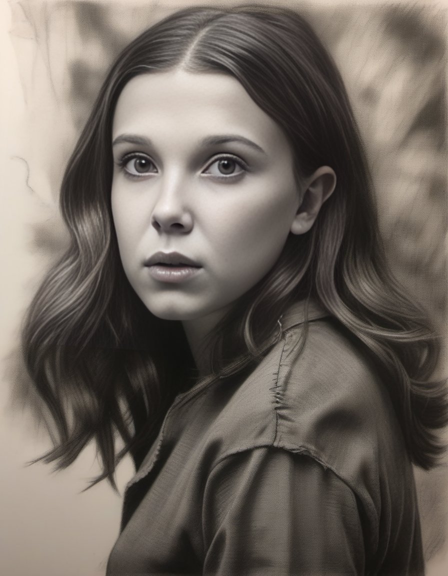 MillieBobbyBrown,<lora:MillieBobbyBrownSDXL:1>charcoal drawing of a girl by timothy, in the style of hyper-realistic sci-fi, detailed perfection, hyper-realistic details, realistic human figures, heavy use of palette knives, hyper-realistic pop, frayed