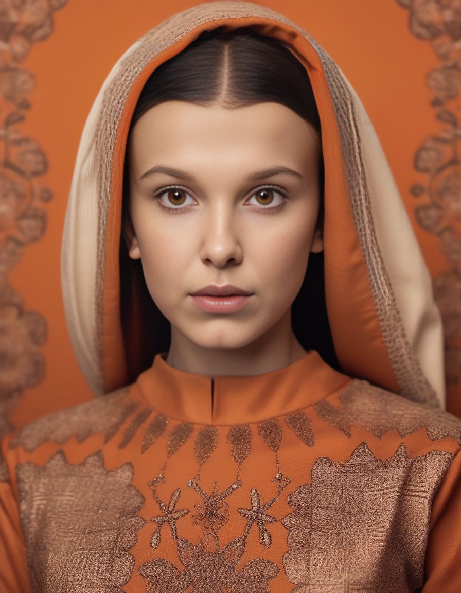 MillieBobbyBrown,<lora:MillieBobbyBrownSDXL:1>, portrait, intricate background, Rule of Thirds,close up of a Exquisite traditional Mughal (humanoid:1.1) , 😎, stylized, wearing 1990'S T-shirt, dark orange and Beige background, Winter, Panorama, Cutecore, F/1.8, [art by Erin Hanson: George Digalakis:2]