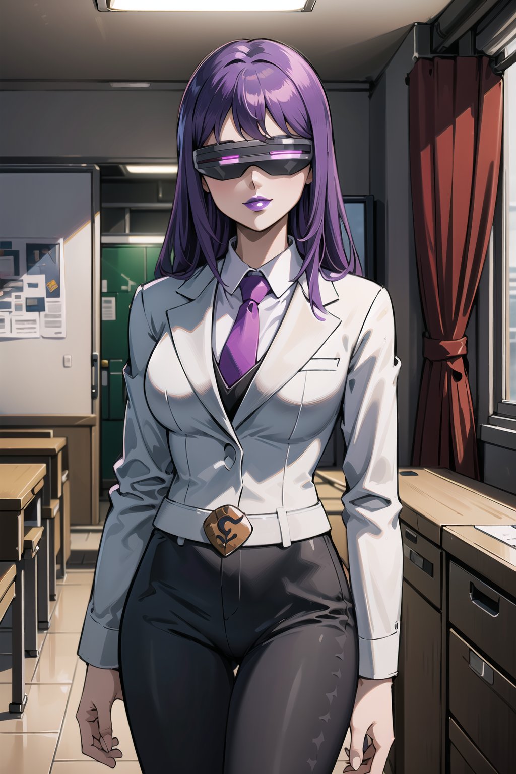 ((best quality)),  ((highly detailed)),  masterpiece,  ((official art)),  ,Saori, 1girl, head-mounted display, evil smile, lips, (purple lips), white shirt, necktie, Black suit, pencil skirt, belt, Black pantyhose, looking at viewer, indoors, Office, desk, Windows, formal, (intricately detailed, hyperdetailed), blurry background,depth of field, best quality, masterpiece, intricate details, tonemapping, sharp focus, hyper detailed, trending on Artstation,1 girl, high res, official art