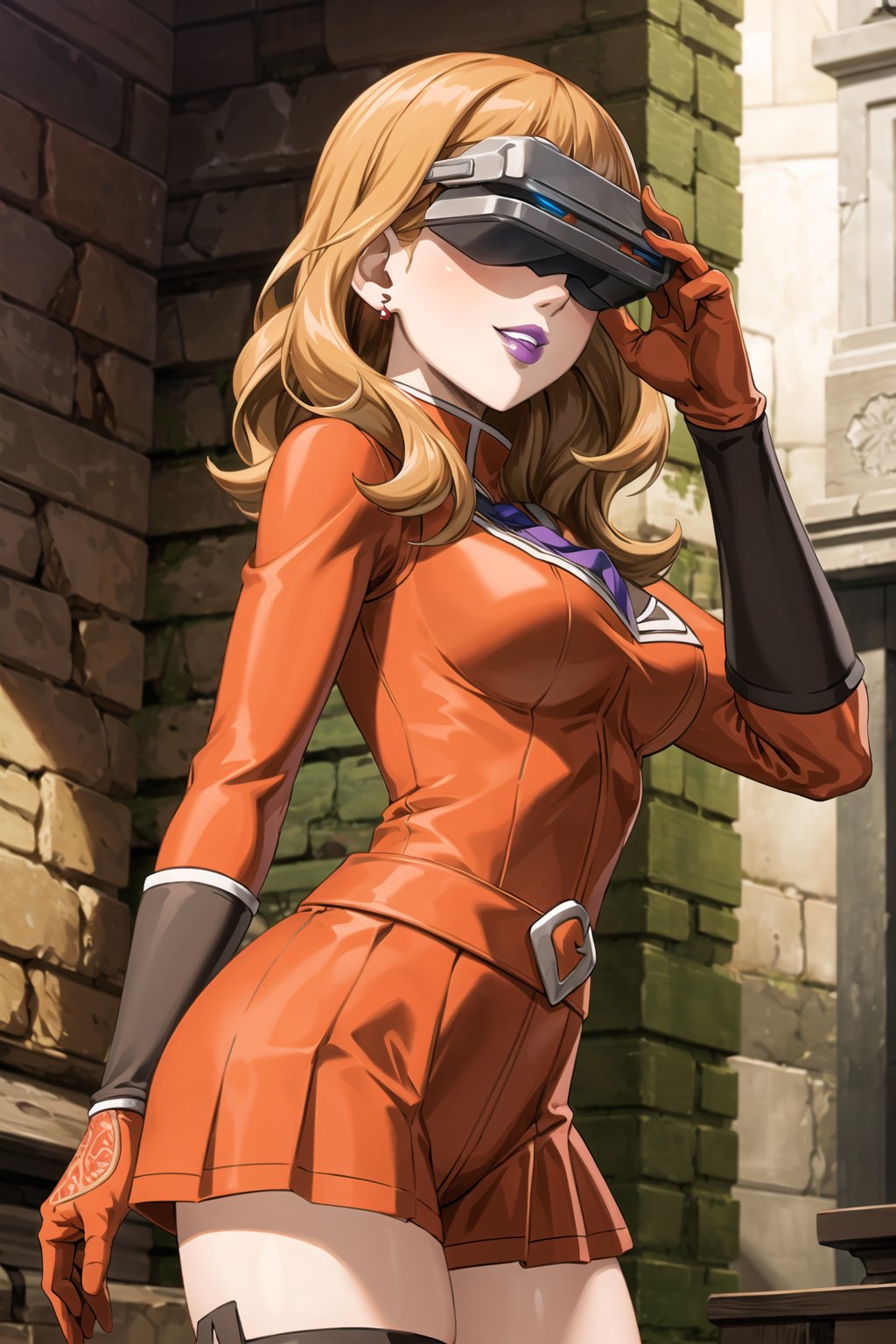 (best quality), (highly detailed), masterpiece, (official art),mimosa vermillion, orange hair, red earrings, (team flare:1.2), (head-mounted display), ((purple lips)), gloves,juliet_sleeves, long_sleeves , pleated skirt, thighhighs, thigh boots, dress, belt, red dress, pantyhose, (lips:1.2), evil smile, (seductive pose:1.2), cowboy shot, looking at viewer, indoors, blurry background,depth of field, best quality, masterpiece, intricate details, tonemapping, sharp focus, hyper detailed, trending on Artstation