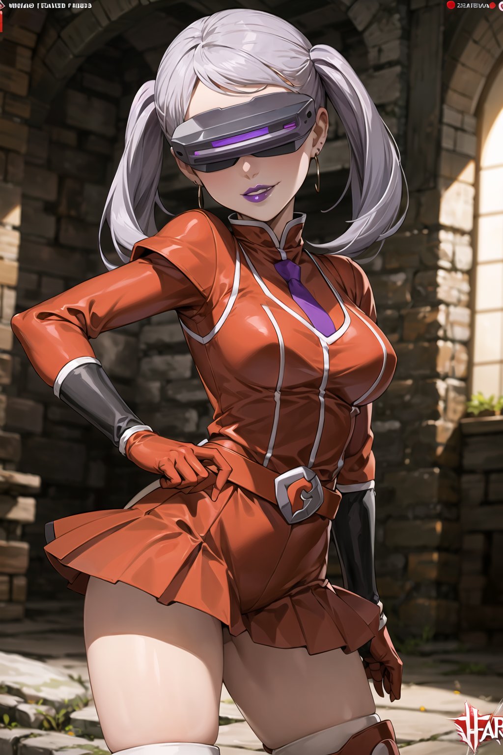 (best quality), (highly detailed), masterpiece, (official art),noelle_silva, silver hair, twintails, bangs, hoop earrings, (team flare:1.2), (head-mounted display), ((purple lips)), gloves,juliet_sleeves, long_sleeves , pleated skirt, thighhighs, thigh boots, dress, belt, red dress, pantyhose, (lips:1.2), evil smile, (seductive pose:1.2), cowboy shot, looking at viewer, indoors, blurry background,depth of field, best quality, masterpiece, intricate details, tonemapping, sharp focus, hyper detailed, trending on Artstation,