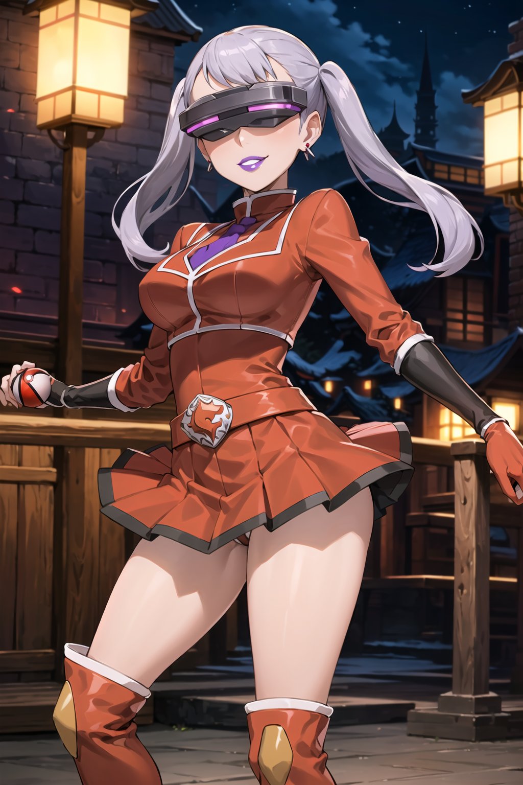 (best quality), (highly detailed), masterpiece, (official art), noelle_silva, silver hair, twintails, bangs, earrings, jewelry, poke ball, poke ball (basic), holding poke ball, posing, lips, ( evil smile), (team flare:1.2), (head-mounted display), ((purple lips)), gloves, juliet_sleeves, long_sleeves, pleated skirt, thighhighs, thigh boots, dress, belt, red dress, pantyhose, looking at viewer, china, asiática, city, night, sky, (intricately detailed, hyperdetailed), blurry background,depth of field, best quality, masterpiece, intricate details, tonemapping, sharp focus, hyper detailed, trending on Artstation,1 girl, high res, official art