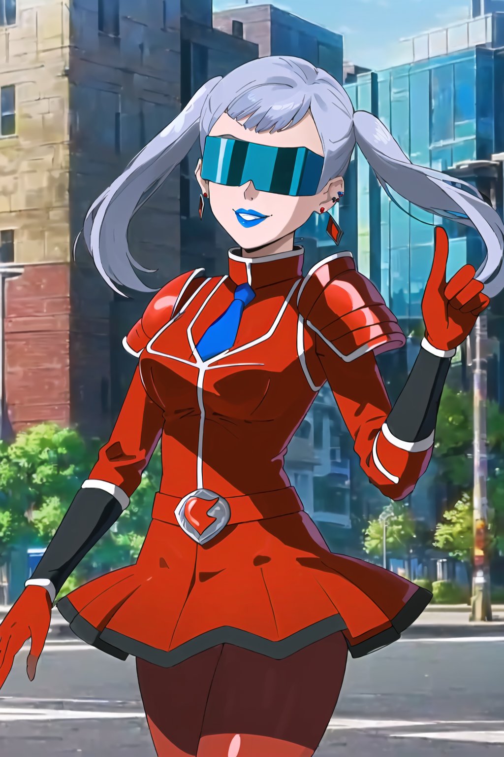 ((best quality)), ((highly detailed)), masterpiece, ((official art), (noelle_silva, silver hair, twintails, bangs, earrings, jewelry), (blindfold), evil smile, lips, blue lips, outdoor, city, street,  (red bodysuit), shoulder armor,  shoulder pads, necktie, red gloves, red jacket, belt, red skirt, black pantyhose, 