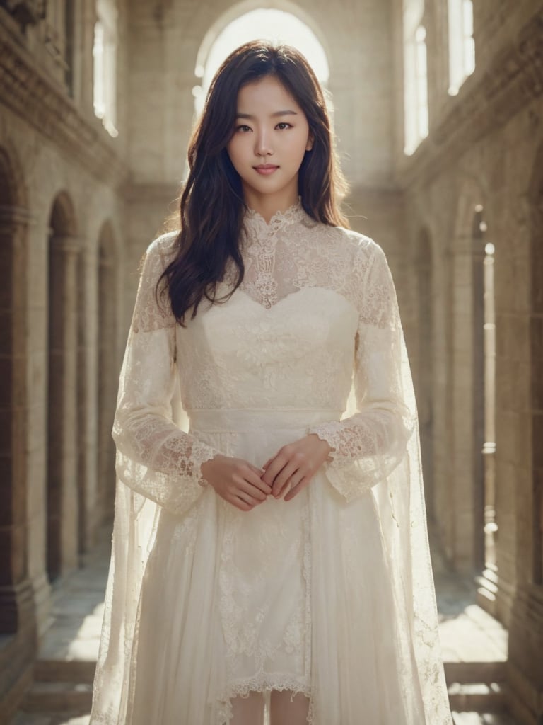 Generate hyper realistic image of a beautiful Korean woman with hair resembling rich, velvety chocolate, medium shot, Picture her standing in a dreamlike setting, surrounded by soft, ethereal lighting that accentuates the luscious chocolate tones of her hair. The dreamy atmosphere enhances her beauty, creating a captivating scene that transports viewers to a Spanish castle.,itacstl,Masterpiece