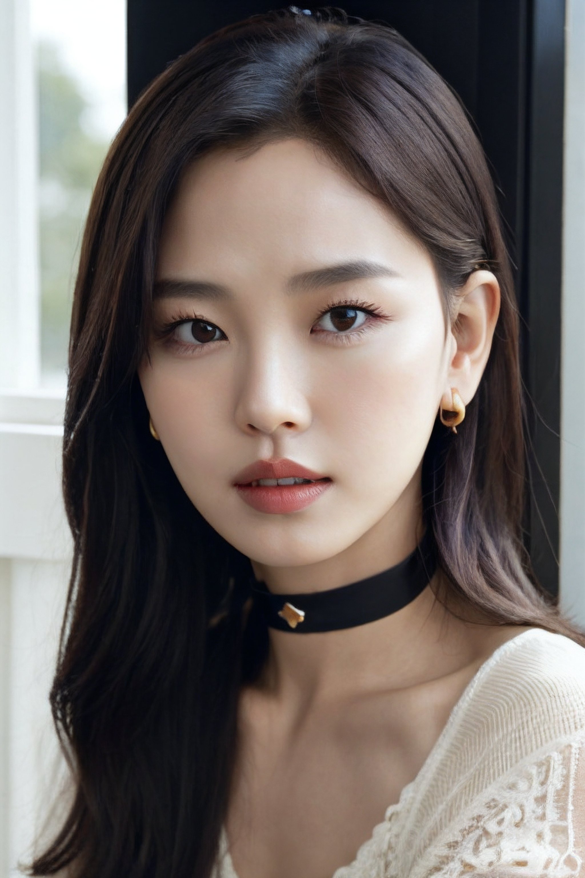 igirl, beautiful Korean woman, close up, portrait, black choker, looking slightly away from camera,  dimly lit, sitting in a room by a window, bathed in golden sunlight, dark walls, stud earrings, women's watch,  best quality, amazing quality, very aesthetic, (petite), insanely detailed eyes, insanely detailed face, insanely detaled lips, insanely detailed hands, insanely detailed hair,  insanely detailed skin, long light brown hair, brown eyes, red lipstick