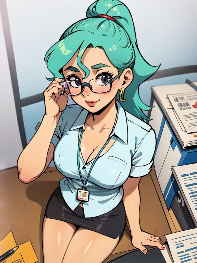 <lora:PKMN_Jenny-DEF:0.7> jenny, office room, solo, white shirt, black skirt, cleavage, lanyard, jewelry, ponytail, adjusting glasses, from above, cartoon style