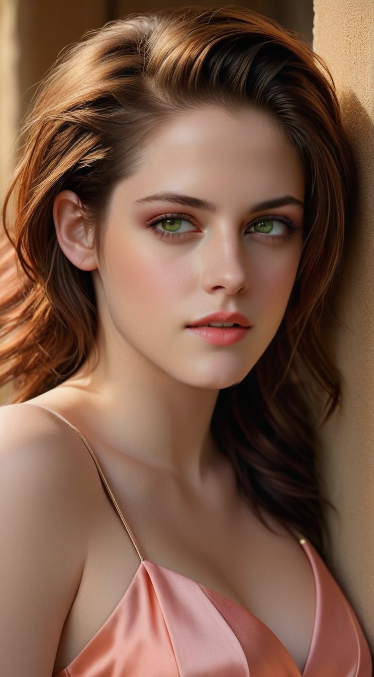 realistic half body portrait of a beautiful woman,alluring neighbor's wife,(Kristen Stewart),body model portrait,clear facial features,perfect body,perfect in every way,playful smirks,seductive eyes,elegant dress,(Apricot,Coral Pink,Olive Green,Sand Beach colors),rule of thirds,chiaroscuro lighting,soft rim lighting,key light reflecting in the eyes,bokeh backdrop,painterly,by karol bak and gustav klimt,art_booster,real_booster,photo_b00ster