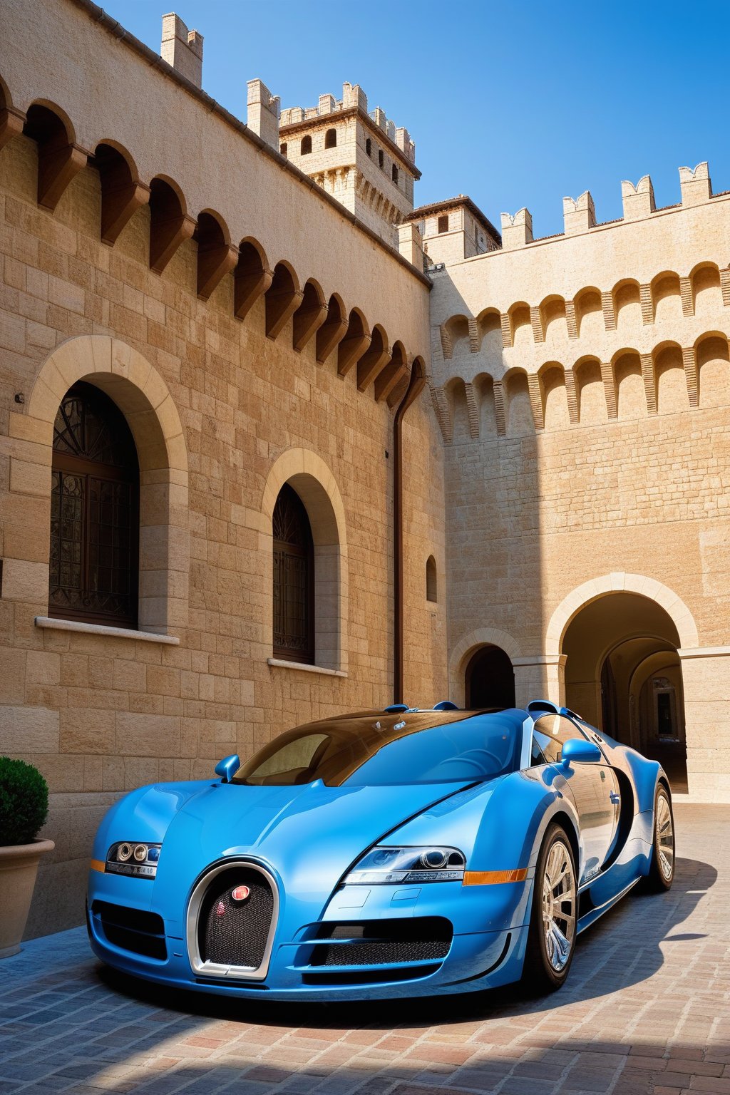((Hyper-Realistic)) photo of 1 car \(1999 Bugatti Veyron EB 16.4 designed by Walter de Silva\) parked,Front side view,well-lit,Super-detailed shiny body and wheels with reflection,(backdrop: Hyper-realistic Super-detailed (Documentary photograph:1.3) of a magnificent (Italian castle:1.4),(stone wall:1.2),14th century,(golden ratio:1.3))
BREAK 
aesthetic,rule of thirds,depth of perspective,perfect composition,studio photo,trending on artstation,cinematic lighting,(Hyper-realistic photography,masterpiece, photorealistic,ultra-detailed,intricate details,16K,sharp focus,high contrast,kodachrome 800,HDR:1.3),H effect,photo_b00ster,itacstl