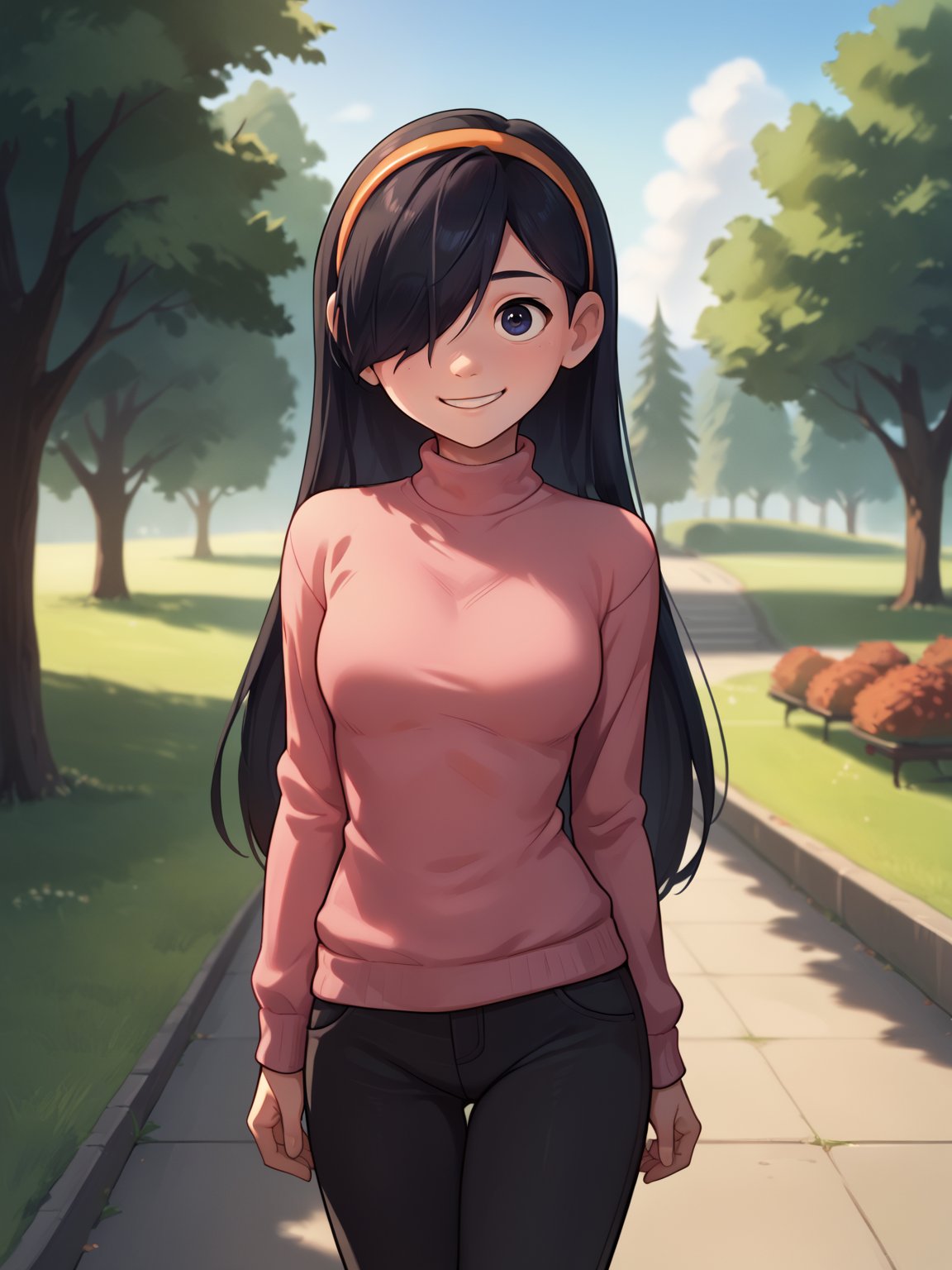 score_9, score_8_up, score_7_up, score_6_up, score_5_up, score_4_up, BREAK, source_cartoon, source_anime, 1girl, solo, violetparr, long hair, black hair, hair over one eye, hairband, pink sweater, black pants, solo, smile, looking at viewer, outdoors, trees, park background   <lora:VioletParrXL:1>
