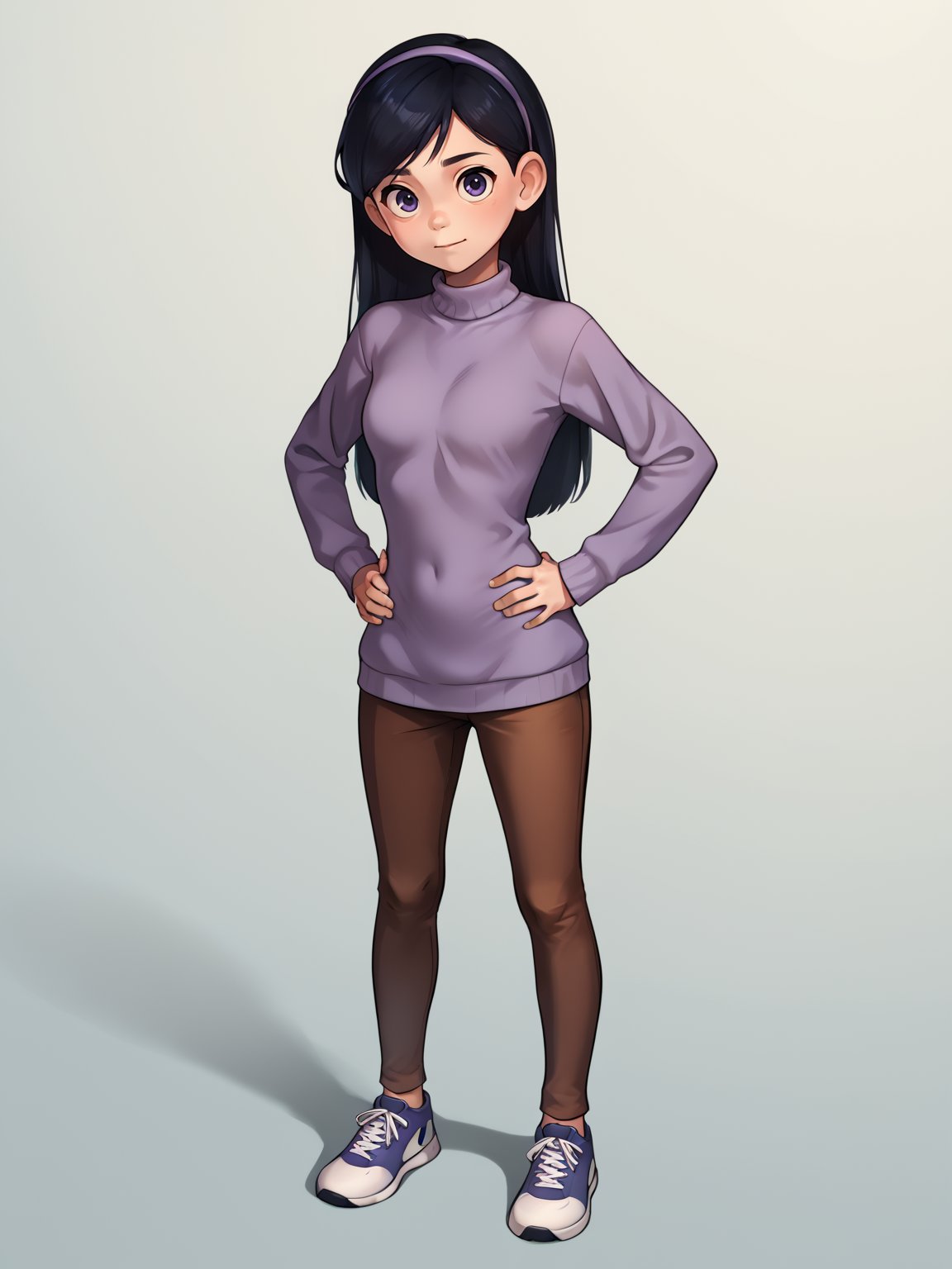 score_9, score_8_up, score_7_up, score_6_up, score_5_up, score_4_up, BREAK, source_cartoon, source_anime, 1girl, solo, violetparr, black hair, long hair, hairband, purple eyes, purple sweater, brown pants, sneaker, full body, hands on hips, looking at viewer, solo, simple background   <lora:VioletParrXL:1>
