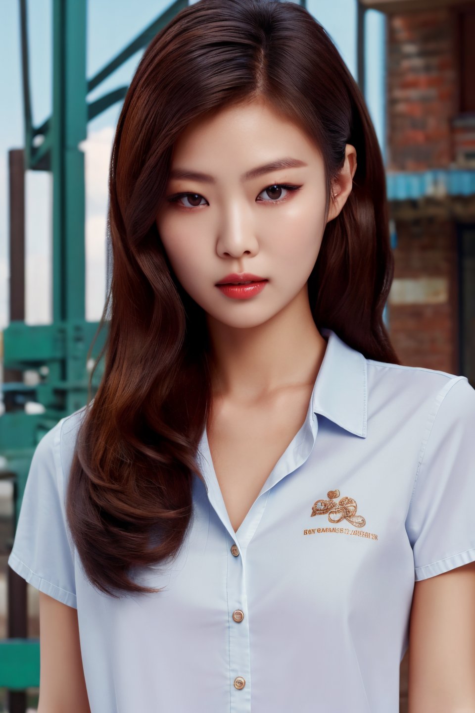(Best Quality, High Resolution, Masterpiece: 1.3), a beautiful Korean woman, dark brown hair, loose wavy shape, details of face and skin texture beautifully presented, detailed eyes, double eyelids, skinny jeans, industrial city,photorealistic,girlvn,1 girl,Masterpiece