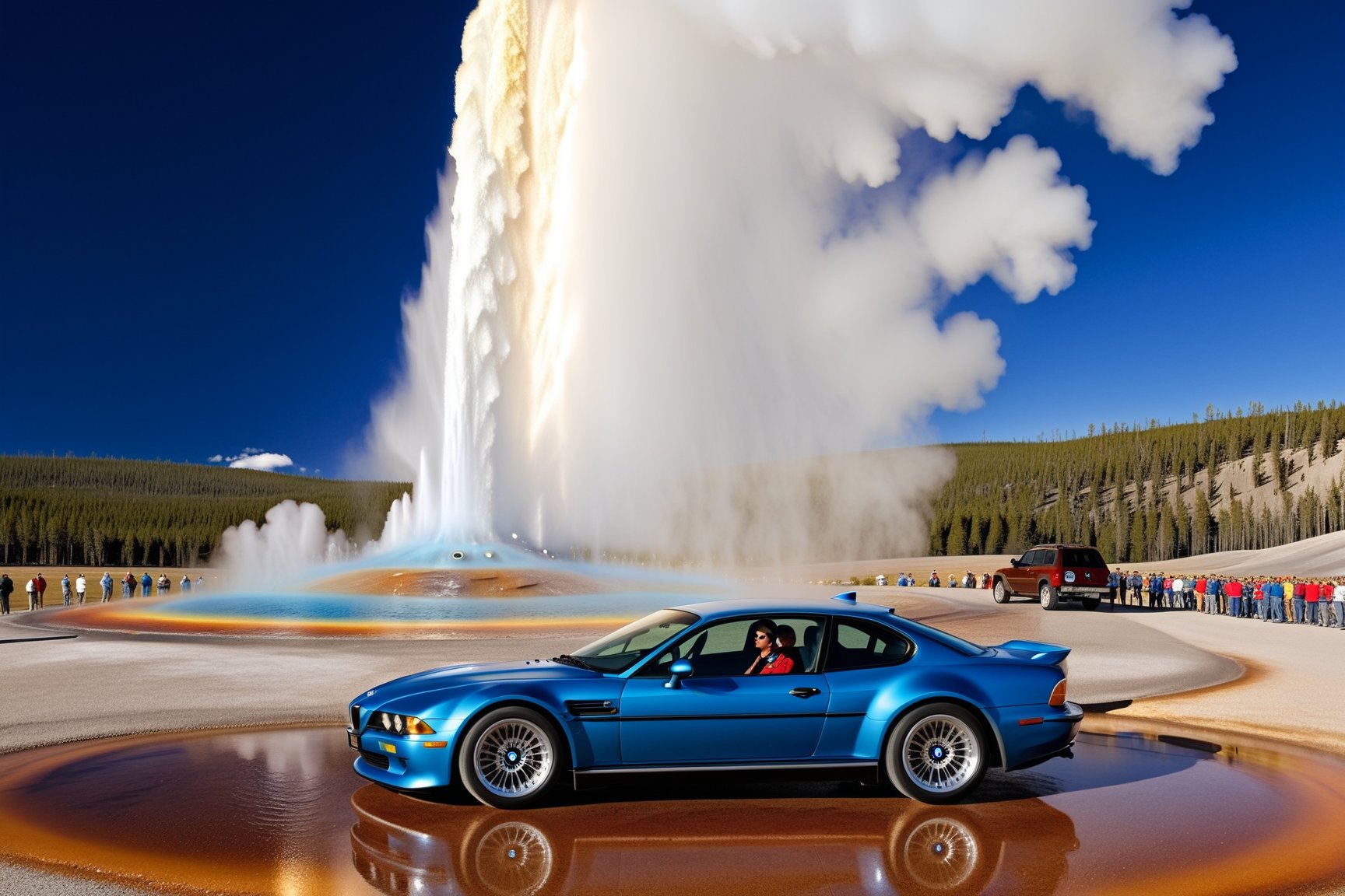 Ultra-realistic photo of racing car \(BMW Gina 2008\) in front of Old Faithful in Yellowstone,(stunning racing car decals:1.5),detailed shiny body with reflection,(body color:Cosmic Carbon Gray with Blue Glow),shiny spinning wheels,(wheel color: Black Chrome),glossy and luxurious alloy wheel,(bright turned on symmetrical head lights),silhouette in driver's seat,by Marcello Gandini,Giorgetto Giugiaro,Leonardo Fioravanti and Alex Issigonis,(backdrop: Old Faithful in Yellowstone,outdoors,multiple boys,sky, day,tree,scenery,6+boys,realistic,photo background,many people watching smoke eruption,mostly white soil with some brown),(BMW focus:1.5),(BMW at a safe distance from the smoke:1.3)
BREAK
aesthetic,rule of thirds,depth of perspective,perfect composition,studio photo,trending on artstation,cinematic lighting,(Hyper-realistic photography,masterpiece, photorealistic,ultra-detailed,intricate details,16K,sharp focus,high contrast,kodachrome 800,HDR:1.2),photo_b00ster,real_booster,ye11owst0ne,(oldfa1thfu1:1.2),more detail XL
