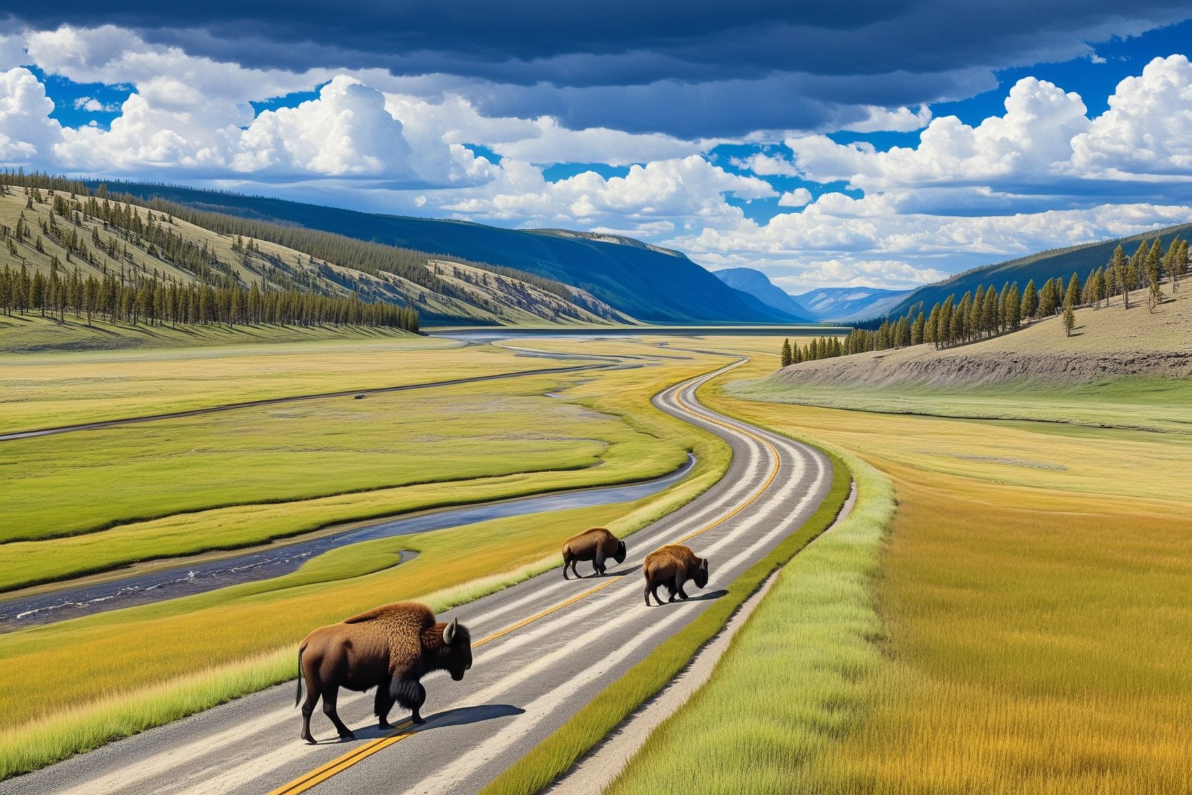 ((Hyper-Realistic)) detailed scene of lamar valley \(lamarva11ey\) in Yellowstone,outdoors,sky,day, cloud,tree,no humans,cloudy sky,grass,nature, beautiful scenery,mountain,winding road,landscape,(close up on american bisons:1.2)
BREAK 
aesthetic,rule of thirds,depth of perspective,perfect composition,studio photo,trending on artstation,cinematic lighting,(Hyper-realistic photography,masterpiece, photorealistic,ultra-detailed,intricate details,16K,sharp focus,high contrast,kodachrome 800,HDR:1.2),photo_b00ster,real_booster,ye11owst0ne,(lamarva11ey:1.2),more detail XL